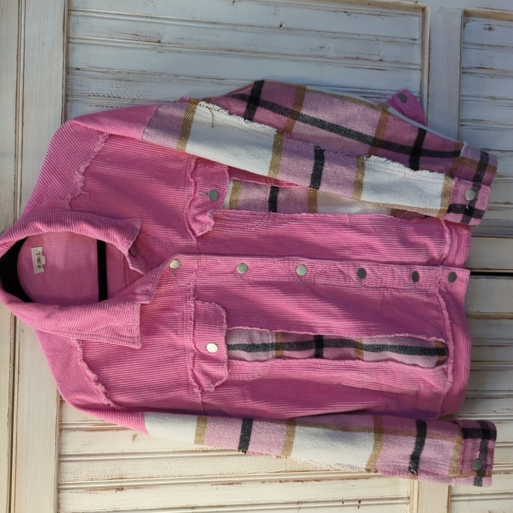 POL pink corduroy and plaid flannel oversized denim style jacket. Medium